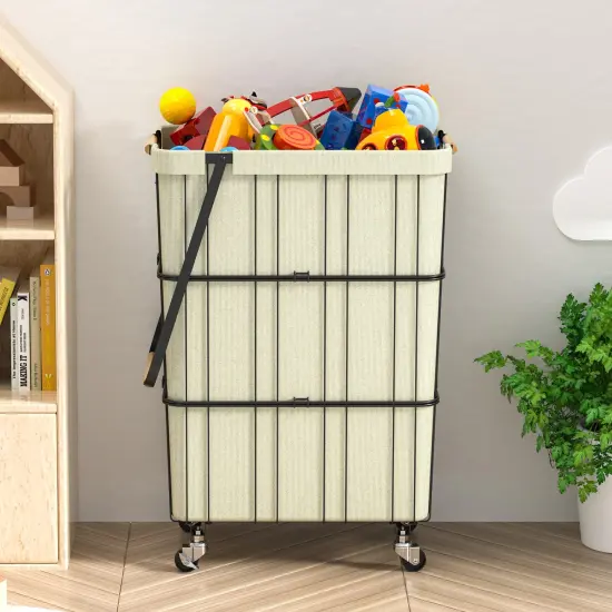 Oceanstar Mobile Rolling Storage Laundry Basket Cart with Handle White {2}