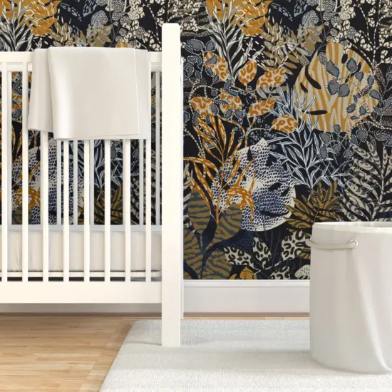 Pre-Pasted Wallpaper 2FT Wide Blue Leaves Animal Print Wild Dark Tropical Tiger Cheetah Lizard Botanical Floral Large Scale Jungle Custom Pre-pasted Wallpaper by Spoonflower {7}