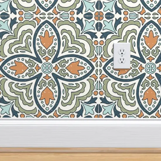 Peel & Stick Wallpaper 2FT Wide Blue Floral Geometric Tile Italian Distressed Rosette Quatrefoil Tulip Large Scale Roman Mosaic Custom Removable Wallpaper by Spoonflower {4}