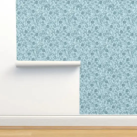 Peel & Stick Wallpaper 2FT Wide Blue Seashells Monochromatic Medium Scale Line Art Custom Removable Wallpaper by Spoonflower {2}