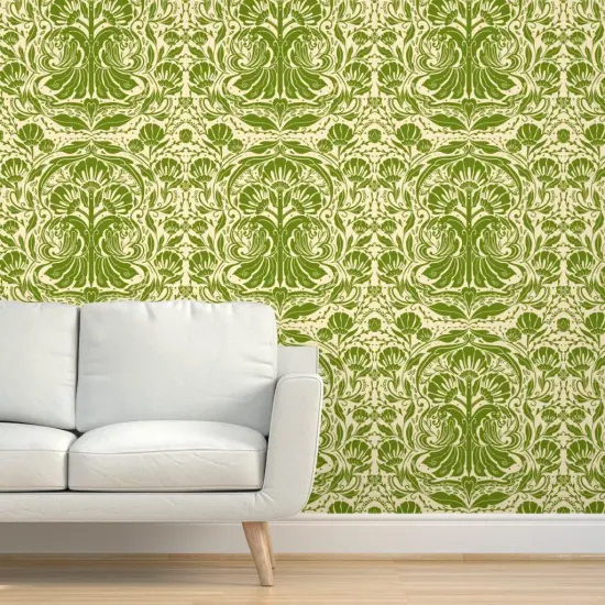 Peel & Stick Wallpaper 2FT Wide Green Yellow Nature Birds Victorian Summer Damask Olive Baroque Chinoiserie Rococo Art Nouveau Large Scale Custom Removable Wallpaper by Spoonflower {5}