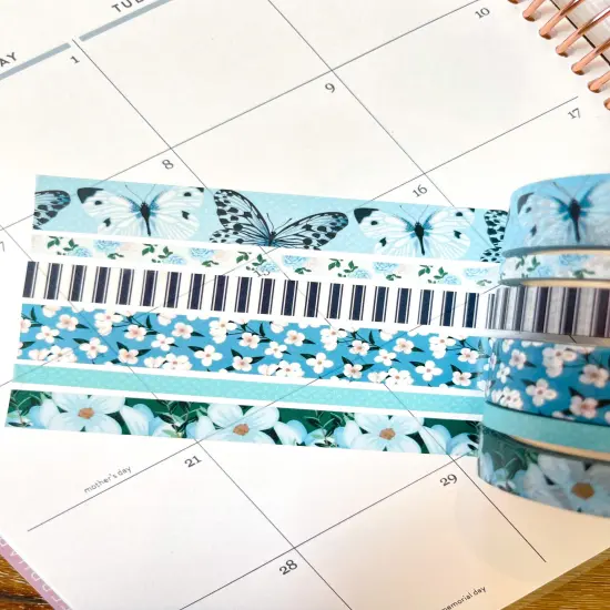 Light Blue Butterflies Navy Stripes Flowers Spring Washi Tape Set (#W082) {3}