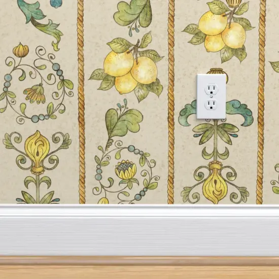 Pre-Pasted Wallpaper 2FT Wide Yellow Teal Floral Gold Large Scale Hand Drawn Lemons Italian Florentine Botanical Fruit Directional Custom Pre-pasted Wallpaper by Spoonflower {4}