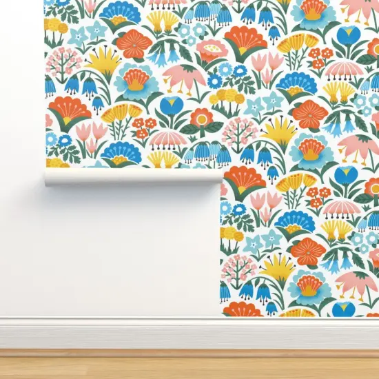 Peel & Stick Wallpaper 2FT Wide Scandinavian Floral Folk Flowers Pink Yellow Blue Garden Botanical Vintage Retro Midcentury Modern Custom Removable Wallpaper by Spoonflower {2}