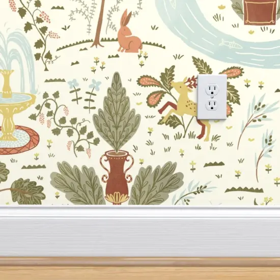 Peel & Stick Wallpaper 2FT Wide Multicolor. Birds Rabbit Whimsical Peacock Illustration Folk Garden Italian Terracotta Tuscany Fountains Large Scale Custom Removable Wallpaper by Spoonflower {4}