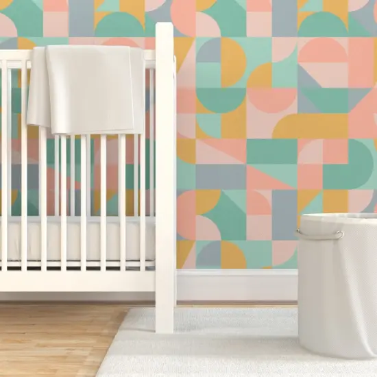 Pre-Pasted Wallpaper 2FT Wide Pastel Mod Mint Retro Abstract Gold Green Mcm Blush Pink Shapes Vintage Style Custom Pre-pasted Wallpaper by Spoonflower {7}