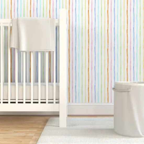 Pre-Pasted Wallpaper 2FT Wide Rainbow Stripes Pastel Modern Abstract Colorful Lines Soft Watercolor Custom Pre-pasted Wallpaper by Spoonflower {7}