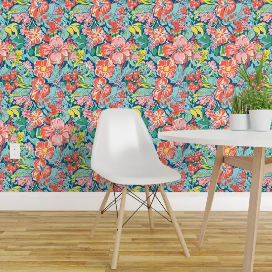 Peel & Stick Wallpaper 2FT Wide Tropical Florals Coral Flowers Island Hibiscus Pink Green Red Yellow Botanical Tropics Beach Colorful Custom Removable Wallpaper by Spoonflower {1}