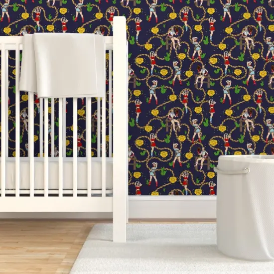Pre-Pasted Wallpaper 2FT Wide Cowgirl Retro Rockabillly Western Rose Rope Cactus Cowboy Hat Blue Custom Pre-pasted Wallpaper by Spoonflower {7}