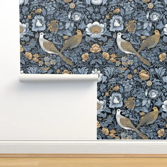 Peel & Stick Wallpaper 2FT Wide Blue Victorian Damask Art Nouveau Love Birds Floral Botanical Large Scale Baroque Nature Doves Custom Removable Wallpaper by Spoonflower {2}