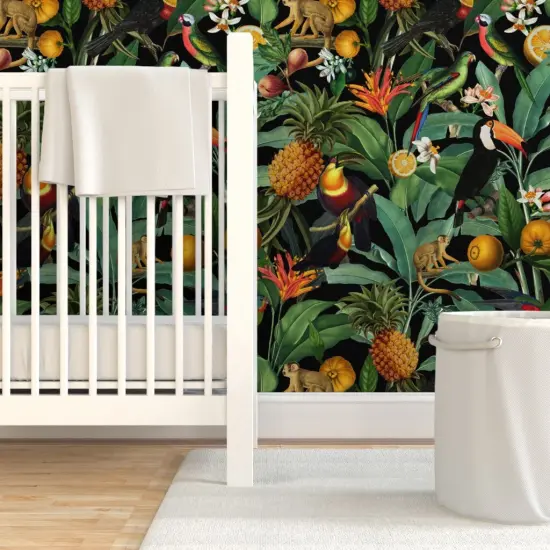Pre-Pasted Wallpaper 2FT Wide Nature Botanical Tropical Toucans Monkeys Parrots Custom Pre-pasted Wallpaper by Spoonflower {7}