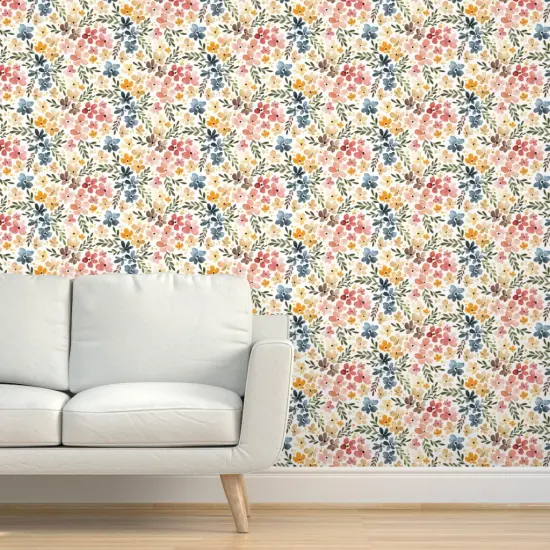 Pre-Pasted Wallpaper 2FT Wide Floral Multicolor Spring Summer Watercolor Botanical Painted Blooming Flowers Large Scale Custom Pre-pasted Wallpaper by Spoonflower {5}