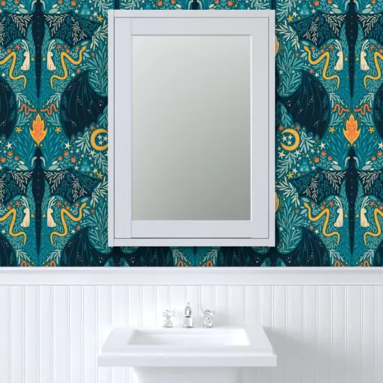 Peel & Stick Wallpaper 2FT Wide Folk Dragons Fairy Tale Botanical Kids Room Magical Jackalopes Maximalist Custom Removable Wallpaper by Spoonflower {6}