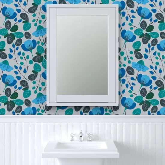 Pre-Pasted Wallpaper 2FT Wide Blue Floral Botanical Daisy Meadow Spring Summer Cottagecorre French Country Large Scale Custom Pre-pasted Wallpaper by Spoonflower {6}