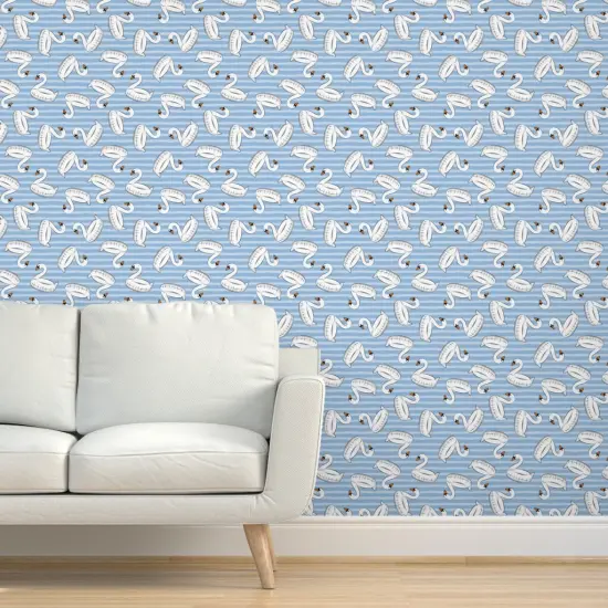 Pre-Pasted Wallpaper 2FT Wide Whimsical Summer Beach Stripes Swan Pool Fun Small Scale Coastal Ocean Blue Custom Pre-pasted Wallpaper by Spoonflower {5}