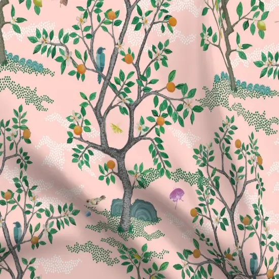 Various Fabrics by the Yard or Fat Quarter Chinoiserie Pink Botanical Nature Oranges Lemons Birds Custom Printed Fabric by Spoonflower {5}