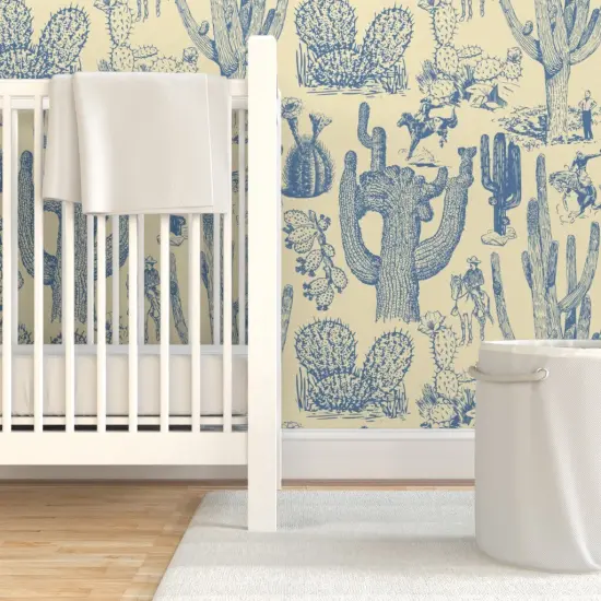 Pre-Pasted Wallpaper 2FT Wide Western Cowboy Cowgirl Toile Cactus Chinoiserie Southwestern Cacti Rustic Custom Pre-pasted Wallpaper by Spoonflower {7}