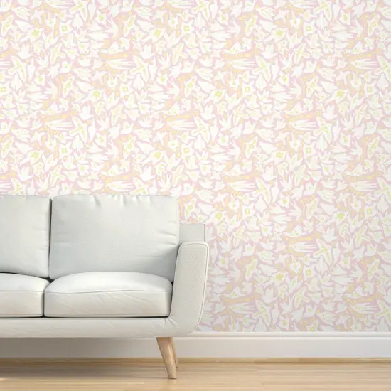 Peel & Stick Wallpaper 2FT Wide Whimsical Doves Pastel Pink Yellow Birds Floral Custom Removable Wallpaper by Spoonflower {5}