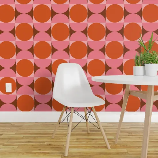 Peel & Stick Wallpaper 2FT Wide Pink Retro Orange Circles Geometric Abstract Square 60S Mid Century Modern Large Scale Custom Removable Wallpaper by Spoonflower {1}