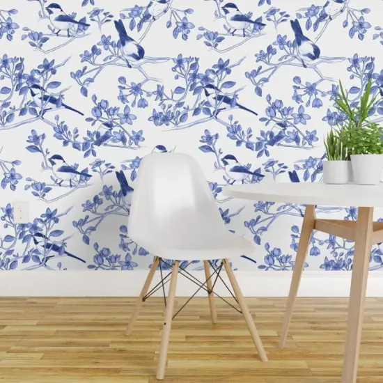 Pre-Pasted Wallpaper 2FT Wide Bird Flowers Botanical Blossom Cobalt Chinoiserie Custom Pre-pasted Wallpaper by Spoonflower {1}