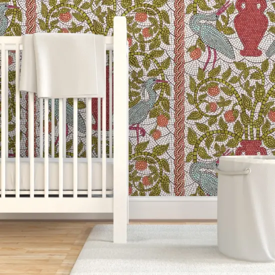 Pre-Pasted Wallpaper 2FT Wide Birds Stone Fruit Art Deco Lemon Crane Heron Peaches Arts And Crafts Amphora Tree Faux Mosaic Large Scale Custom Pre-pasted Wallpaper by Spoonflower {7}