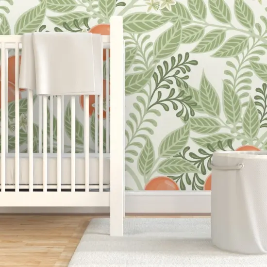 Pre-Pasted Wallpaper 2FT Wide Green Orange Fruit Citrus Garden Oranges Botanical Italy Grove Orchard Floral Large Scale Custom Pre-pasted Wallpaper by Spoonflower {7}