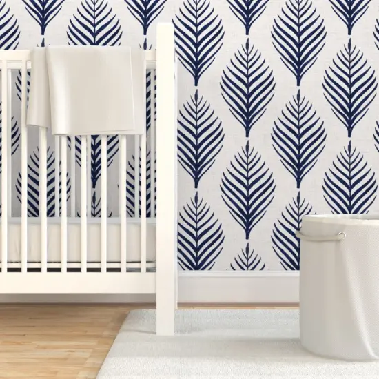 Pre-Pasted Wallpaper 2FT Wide Navy Blue Floral Botanical Palm Tropical Island Dark Coastal Southern Leaf Silhouette Large Scale Custom Pre-pasted Wallpaper by Spoonflower {7}