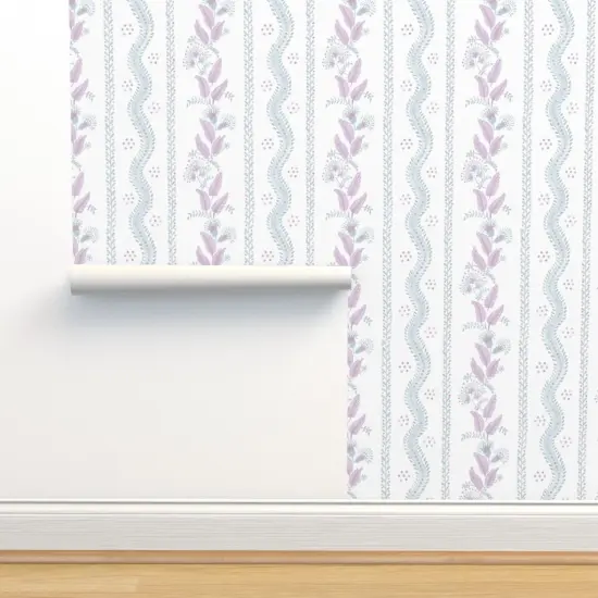 Peel & Stick Wallpaper 2FT Wide Cottagecore Floral Stripe Botanical Grandmillennial Purple Blue Traditional Custom Removable Wallpaper by Spoonflower {2}