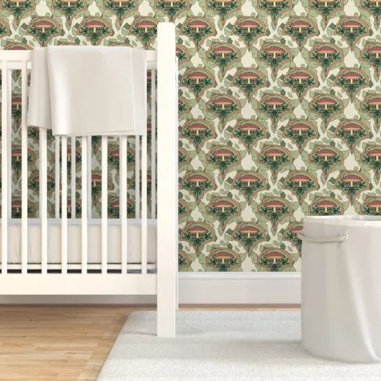 Pre-Pasted Wallpaper 2FT Wide Art Nouveau Mushrooms Botanical Nature Olive Green Toadstool Vintage Inspired Cream Custom Pre-pasted Wallpaper by Spoonflower {7}