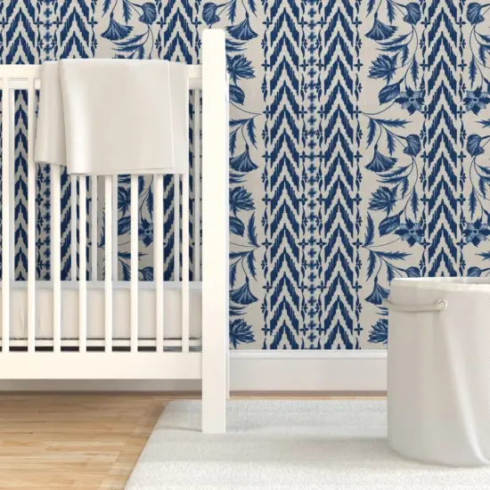 Pre-Pasted Wallpaper 2FT Wide Folk Floral Stripe Large Scale Blue Tan Chintz Flowers Custom Pre-pasted Wallpaper by Spoonflower {7}