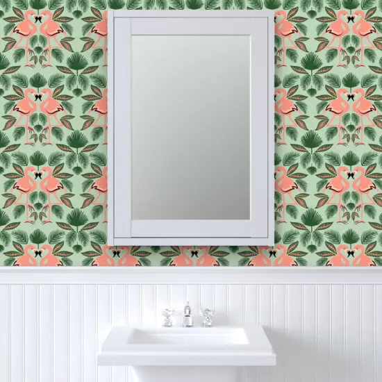 Pre-Pasted Wallpaper 2FT Wide Flamingo Palm Leaves Green Pink Tropics Island Custom Pre-pasted Wallpaper by Spoonflower {6}
