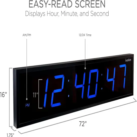 Ivation 72 in. Large Digital Wall Clock, LED Digital Clock with Timer and Alarm White {9}