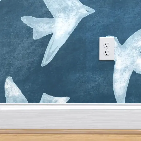 Pre-Pasted Wallpaper 2FT Wide Blue Birds Indigo Shibori Style Seagull Coastal Ocean Bird Custom Pre-pasted Wallpaper by Spoonflower {4}