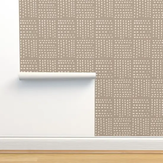 Peel & Stick Wallpaper 2FT Wide Brushstroke Grid Beige On Brown Squares Bohemian Taupe Khaki Custom Removable Wallpaper by Spoonflower {2}