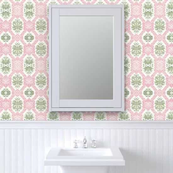 Peel & Stick Wallpaper 2FT Wide Indian Block Print Bombay Pink And Green Colonial Custom Removable Wallpaper by Spoonflower {6}