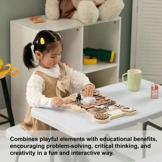 Wooden Sensory Bear Shaped Learning Toddler Busy Board for Playroom, Nursery, Preschool, and Doctors' Office Pink {6}