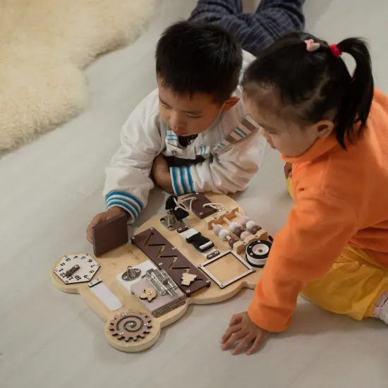 Wooden Sensory Bear Shaped Learning Toddler Busy Board for Playroom, Nursery, Preschool, and Doctors' Office Pink {11}