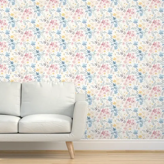 Peel & Stick Wallpaper 2FT Wide Whimsical Floral Watercolor Flowers Nature Botanical Pink Blue Pastel Spring Custom Removable Wallpaper by Spoonflower {5}