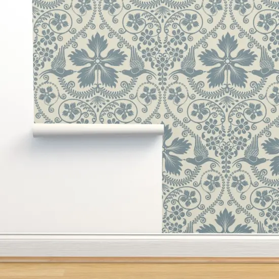 Peel & Stick Wallpaper 2FT Wide Bird Blue Flowers Botanical Floral Damask Italian Villa Large Scale Custom Removable Wallpaper by Spoonflower {2}