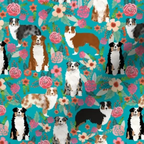 Various Fabrics by the Yard or Fat Quarter Australian Shepherd Dogs Floral Cute Aussie Dog Vintage Flowers Turquoise Shepherds Breed Custom Printed Fabric by Spoonflower {7}