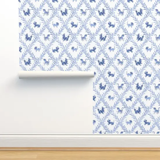 Pre-Pasted Wallpaper 2FT Wide Chinoiserie Blue And White Lattice Trellis Botanical Vines Diamond Custom Pre-pasted Wallpaper by Spoonflower {2}