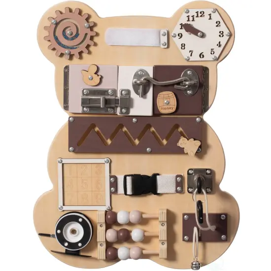 Wooden Sensory Bear Shaped Learning Toddler Busy Board for Playroom, Nursery, Preschool, and Doctors' Office Pink {9}