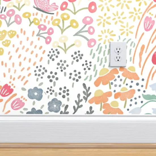 Pre-Pasted Wallpaper 2FT Wide Butterfly Garden Blooms Meadow Floral Sweet Dreams Botanical Whimsical Multicolor Pollinators Wildflowers Large Scale Custom Pre-pasted Wallpaper by Spoonflower {4}