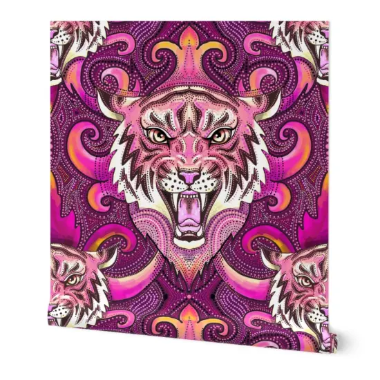 Peel & Stick Wallpaper 2FT Wide Pink Tigers Purple Orange Maximalist Xl Jungle Custom Removable Wallpaper by Spoonflower {7}