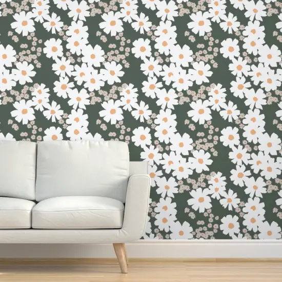 Pre-Pasted Wallpaper 2FT Wide Summer Daisies Boho Daisy Flowers Green Modern Blossom Custom Pre-pasted Wallpaper by Spoonflower {5}