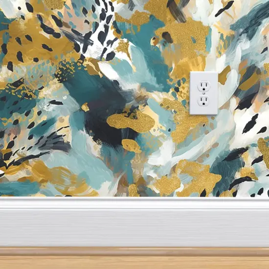 Peel & Stick Wallpaper 2FT Wide Animal Print Watercolor Jungle Nature Teal Gold Custom Removable Wallpaper by Spoonflower {4}