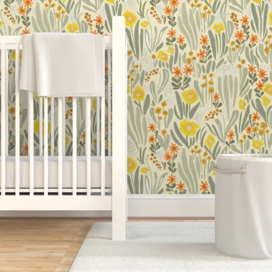 Pre-Pasted Wallpaper 2FT Wide Art Nouveau Garden Sage Green Yellow Abstract Flowers Large Scale Botanical Garden Custom Pre-pasted Wallpaper by Spoonflower {7}