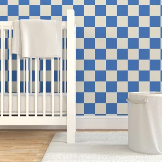 Pre-Pasted Wallpaper 2FT Wide Minimal Cobalt Blue Retro Grid Checkerboard Custom Pre-pasted Wallpaper by Spoonflower {7}