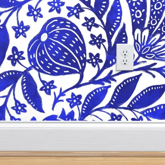 Pre-Pasted Wallpaper 2FT Wide Cobalt Blue Botanical Bright White Indian Floral Figs Custom Pre-pasted Wallpaper by Spoonflower {4}