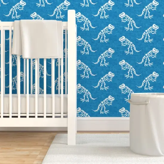 Pre-Pasted Wallpaper 2FT Wide Blue Dinosaur Tyrannosaurus Rex Trex Dino Bones Kid Small Scale Jurassic Custom Pre-pasted Wallpaper by Spoonflower {7}